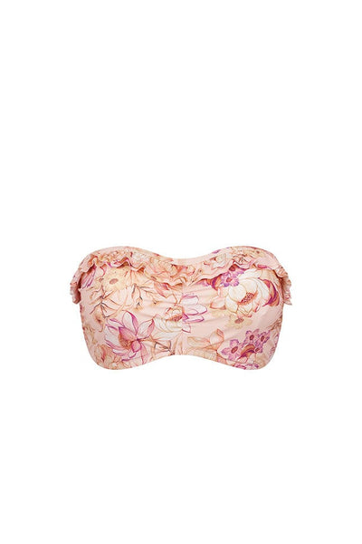 Pink tropical floral bikini top with frill detail for curve women