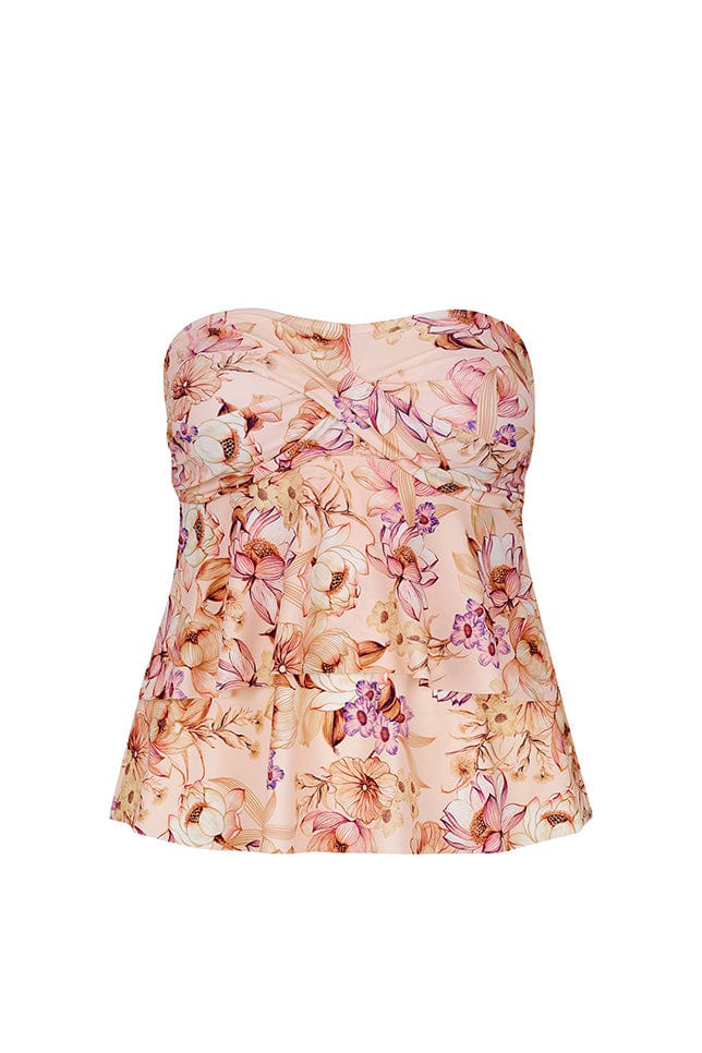 Strapless bandeau top with ruffles for curve women in tropical floral print