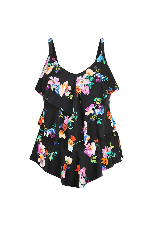Ghost mannequin black and bright floral 3 tier tankini top