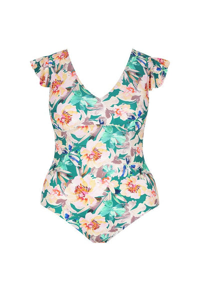 ghost mannequin v neckline swimsuit with ruffle cap sleeves in a green floral print