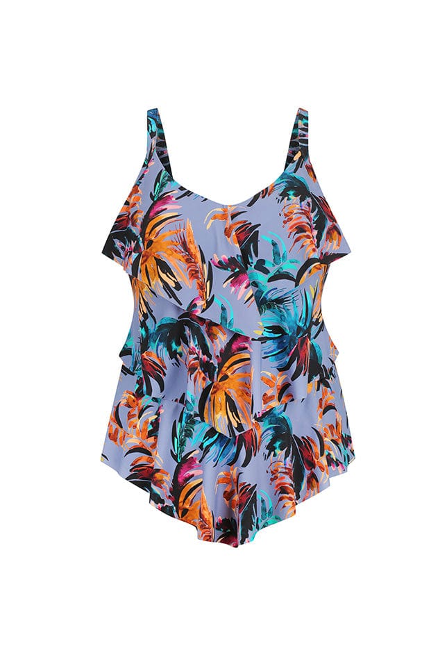 Ghost mannequin of tropical tiered tankini top for plus size women