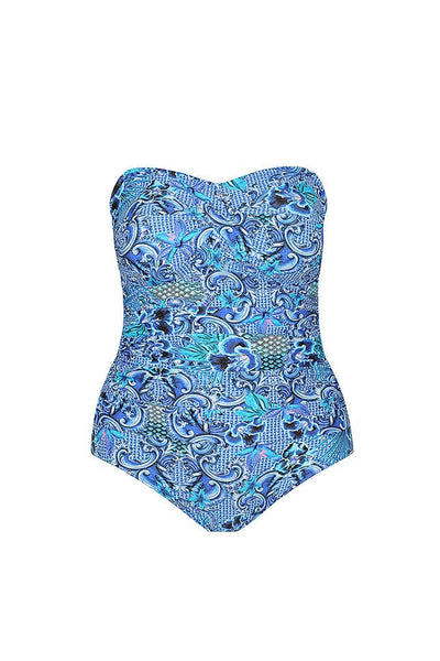 Ghost mannequin blue patterned strapless one piece swimsuit