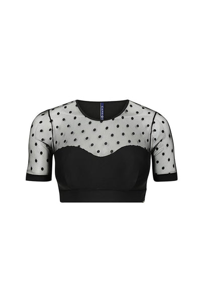 Ghost mannequin mesh polka dot black crop top
