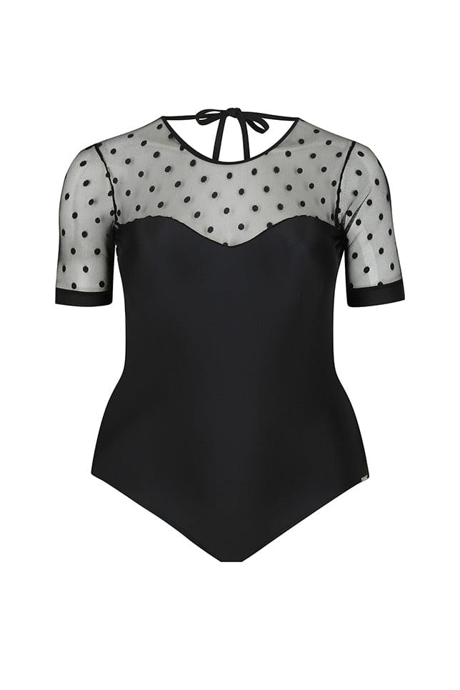 Ghost mannequin black polka dot one piece swimsuit