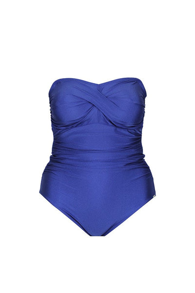 ghost mannequin image of royal blue shimmer fabric twist front one piece 