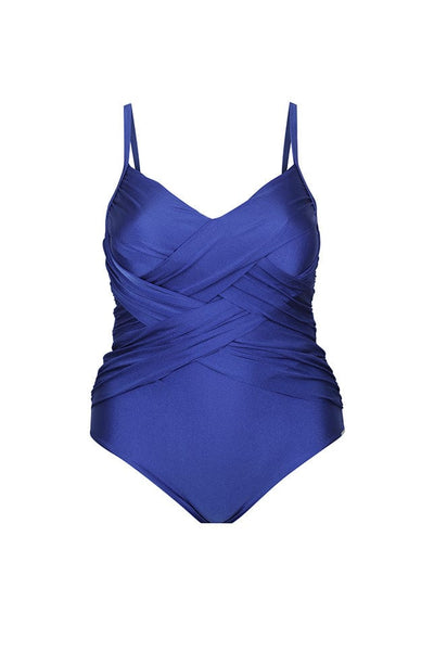 ghost mannequin image of metallic royal blue one piece swimsuit with extra fabric layers criss crossed over the bust and waist area