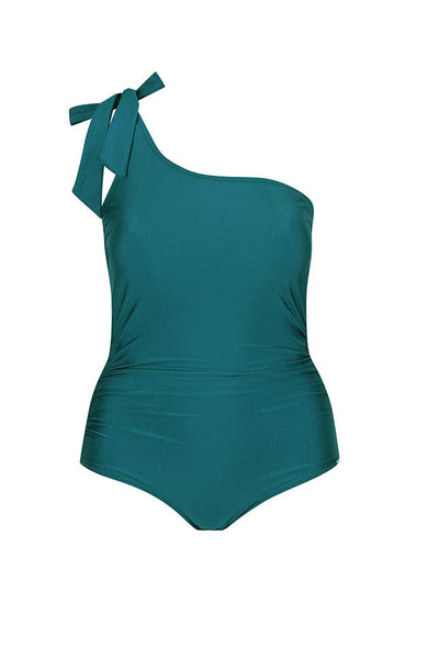 ghost mannequin of a metallic teal colour one shoulder one piece with tie shoulder detail