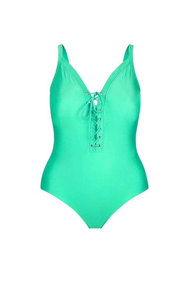 ghost mannequin image of an emerald green v neck one piece with tie front lace up detail