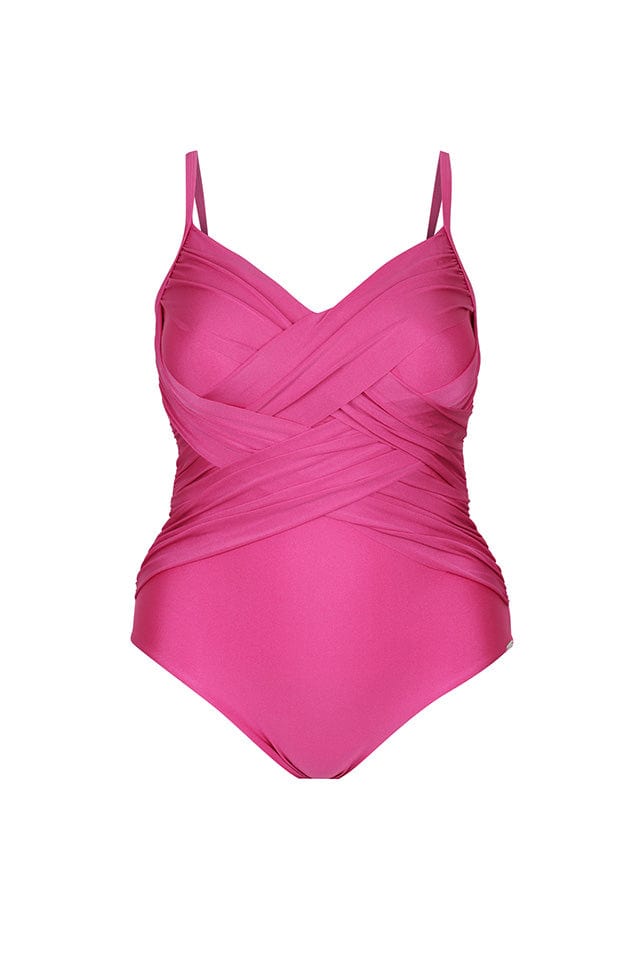 ghost mannequin of hot pink metallic lycra one piece with criss cross fabric detail at the front