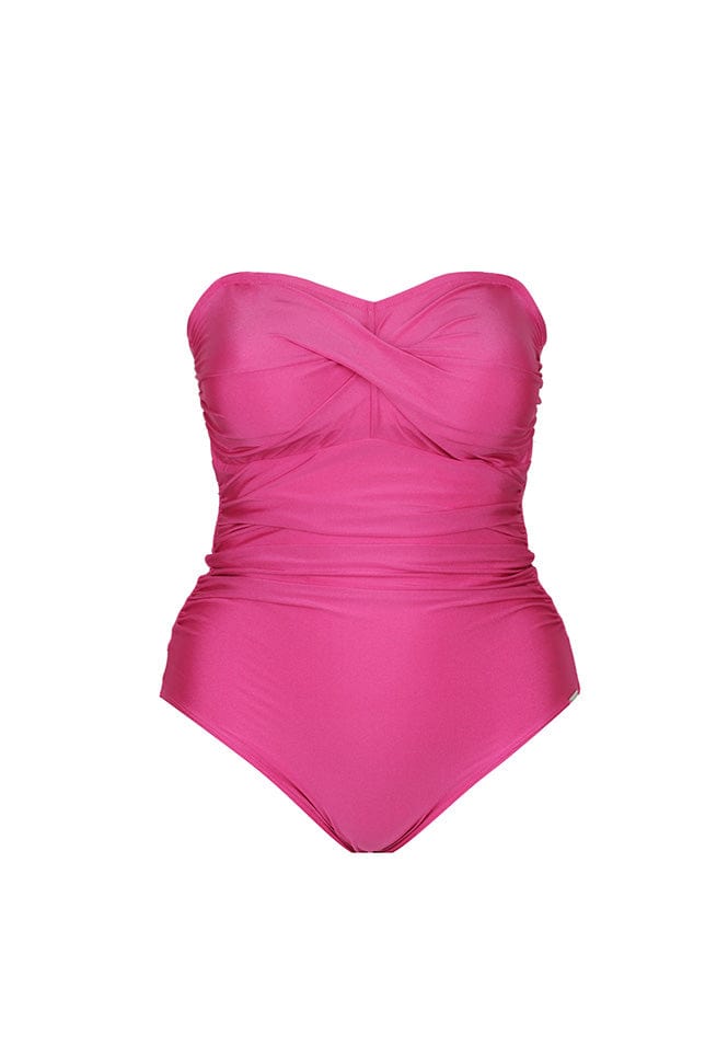 ghost mannequin of metallic hot pink bandeau one piece swimsuit