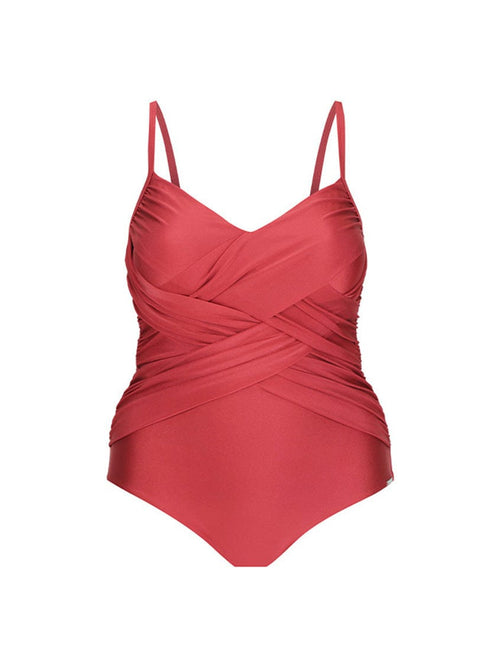 Deep red swimsuit with thin straps on a white background
