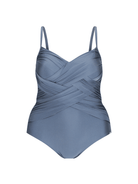 Ghost mannequin of metallic grey one piece with criss cross detail