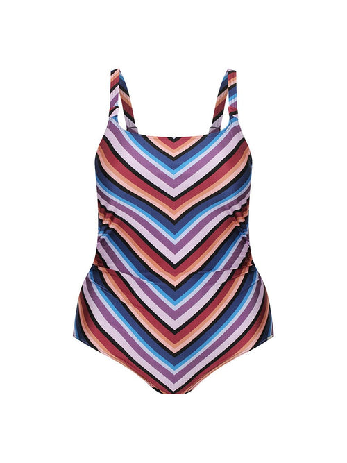Multicolored striped swimsuit on a white background