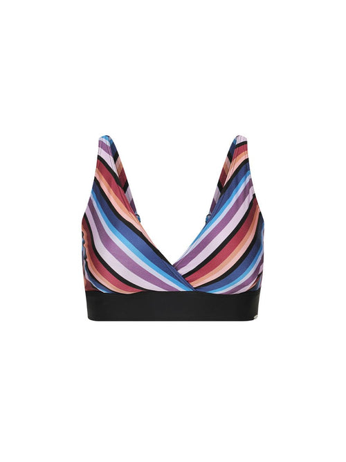 Multicolored striped bikini top on a white background