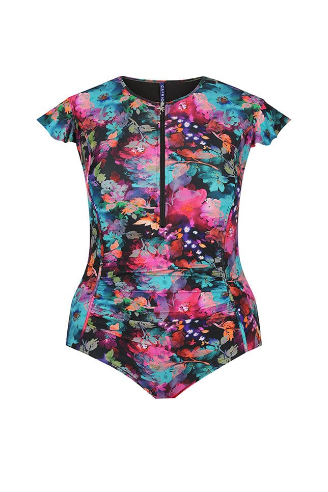 ghost mannequin photo of high neck zip front one piece with frill sleeves in hot pinks and turquoise floral print
