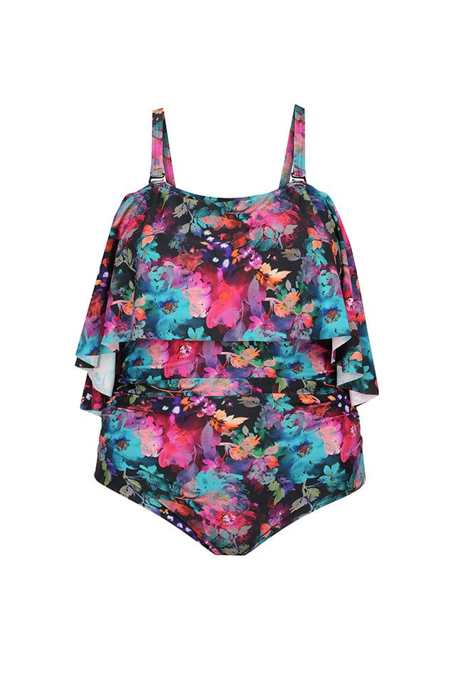 ghost mannequin image of a hot pink and turquoise floral printed one piece with off the shoulder large frill