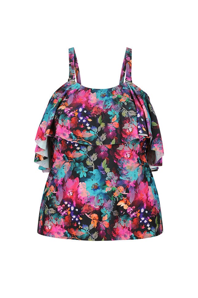 ghost mannequin image of the off the shoulder large frill tankini top in hot pink and turquoise florals