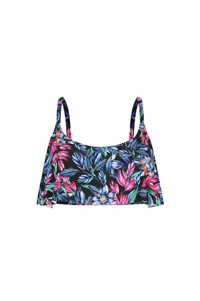 ghost mannequin image of black based floral printed bikini top with pink and blue flowers