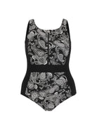Ghost mannequin of one piece with zip front detail in paisley chlorine resistant fabric