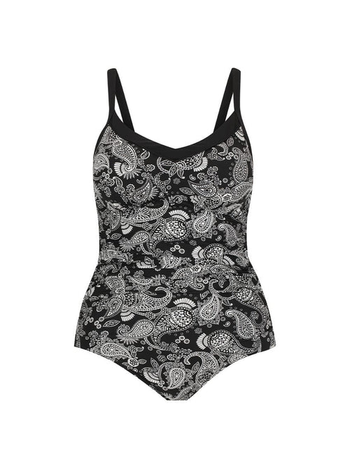 Ghost mannequin of underwire one piece with paisley print in chlorine resistant