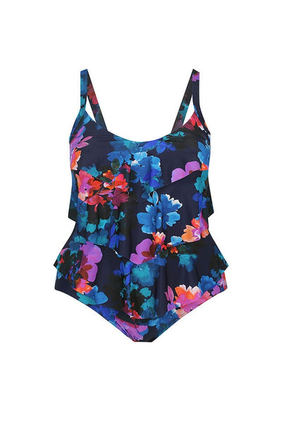 ghost mannequin of 3 tiered ruffle swimsuit in navy with pink, purple and blue flowers