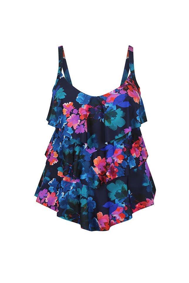 Ghost mannequin of three tier tankini top for curve women in navy floral