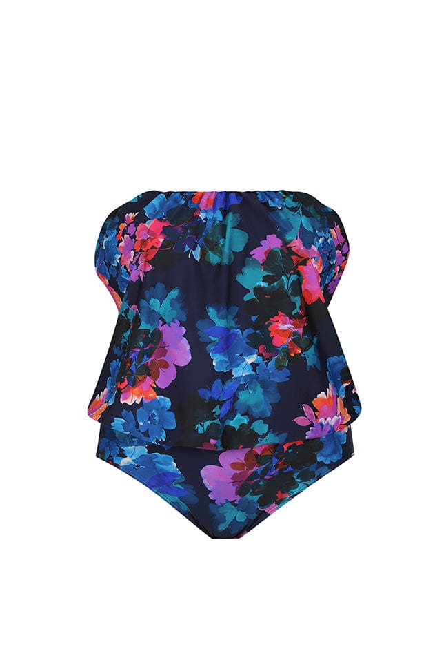Ghost mannequin of flouncy bandeau swimsuit with removable straps in navy based floral print