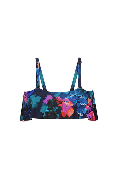 Ghost mannequin image of navy, pink and purple floral bikini top with straps and frill detail over the bust