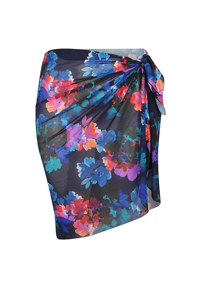 Ghost mannequin of mesh sarong skirt in navy based floral print with tie detail