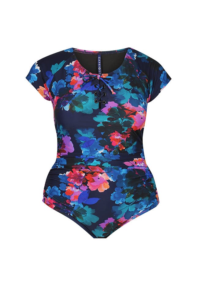 Ghost mannequin image pf navy based floral print v neck one piece with tie lace up detail