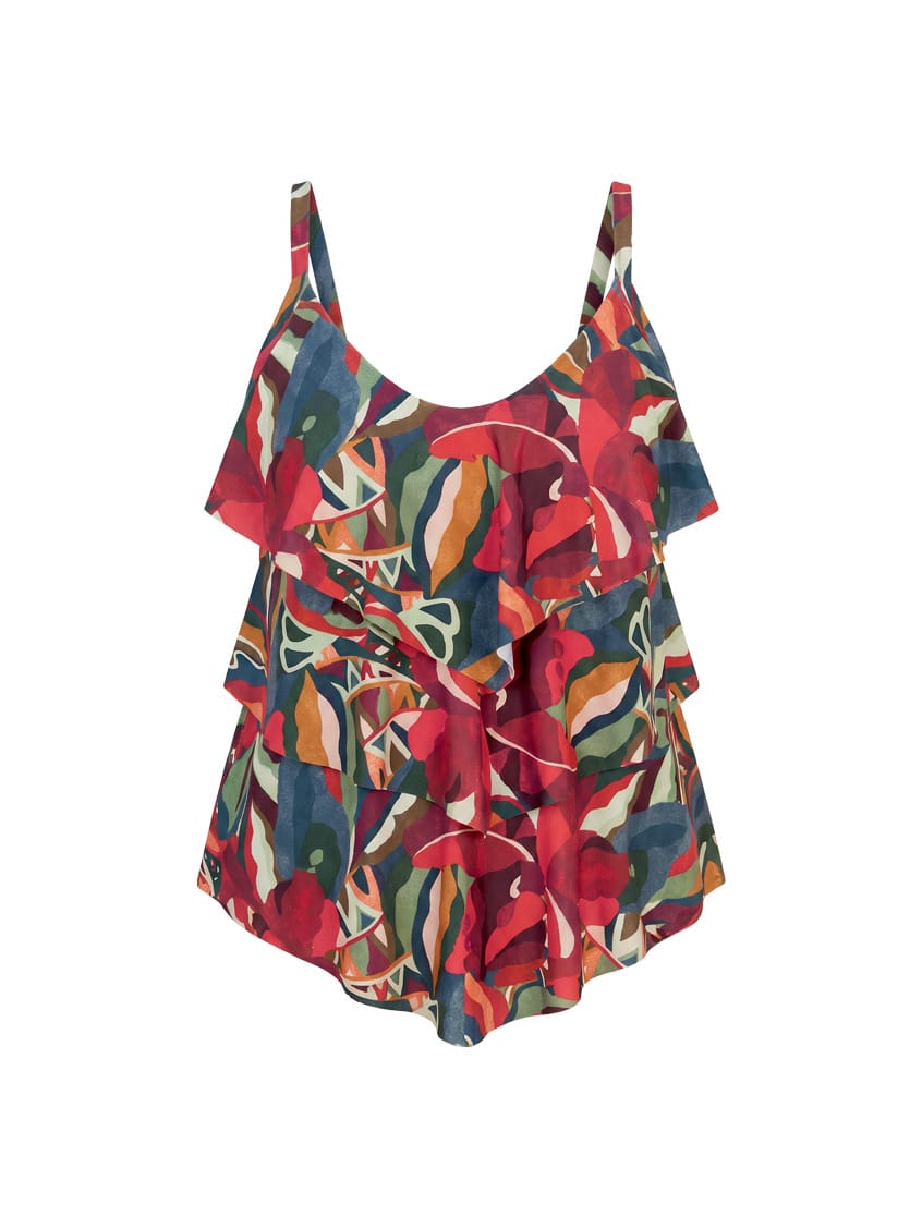 A sleeveless ruffled 3 tier tank top with a vibrant abstract floral print in red, green, blue, and beige, displayed against a solid white background.