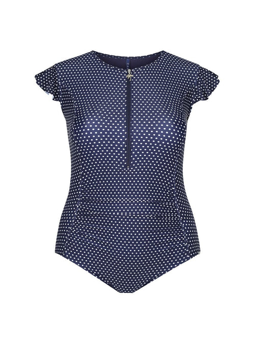 navy and white dots frill sleeve swimsuit