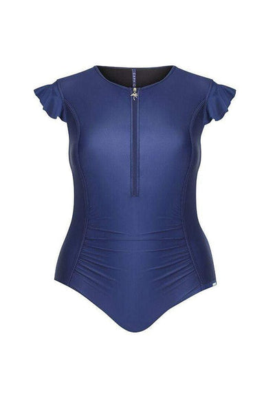 ghost mannequin of navy frill sleeve zip up front one piece swimsuit