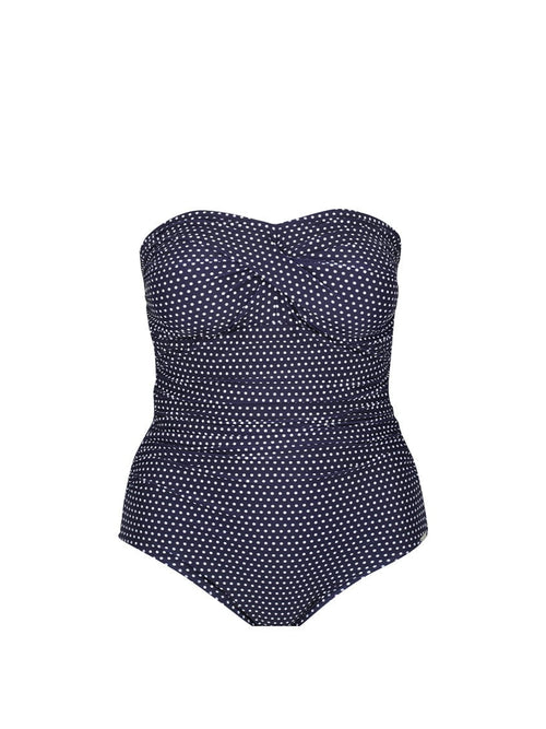 ghost mannequin of navy and white polkadot twist front strapless bandeau one piece swimsuit