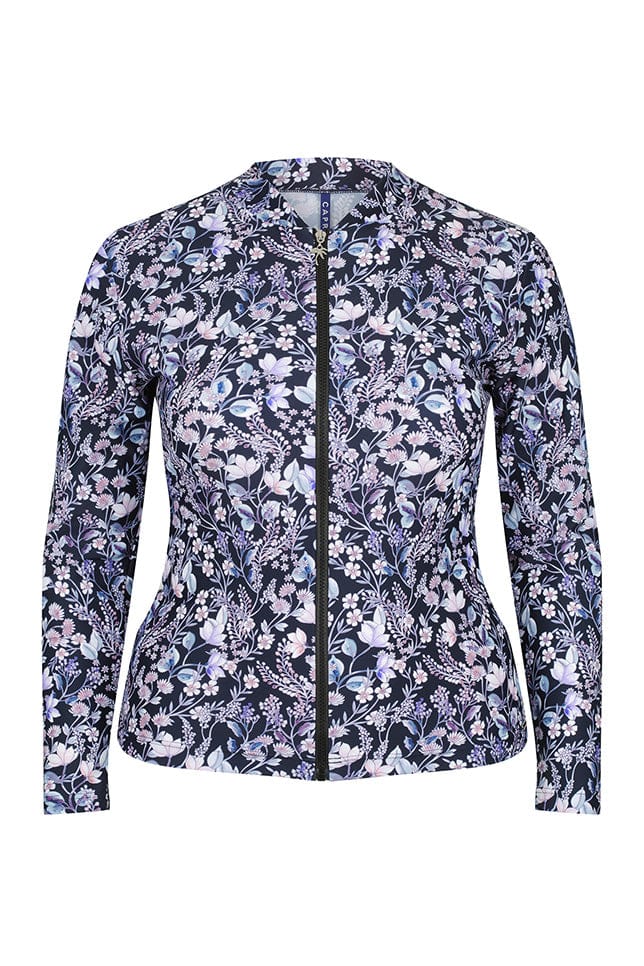 navy floral long sleeve rash vest with lilac, white and pale blue floral print
