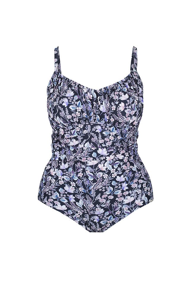 ghost mannequin image of a navy, light blue, lilac and white floral underwired one piece swimsuit