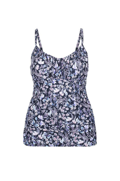 ghost mannequin image of a navy, light blue, lilac and white floral underwired one piece swimsuit