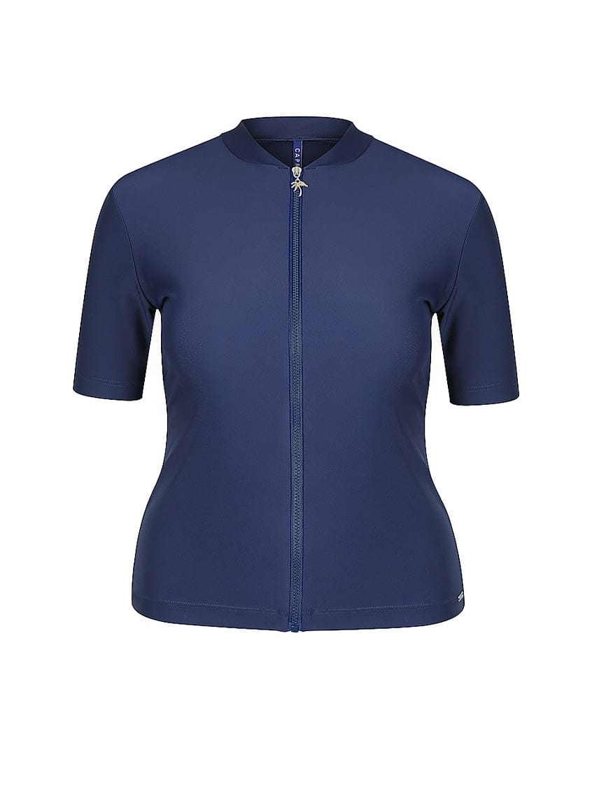 ghost mannequin image of navy blue short sleeve rash vest with full length zip front