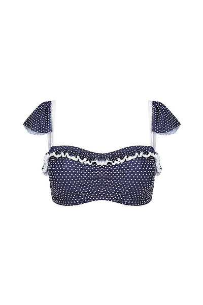 ghost mannequin of navy and white polkadots strapless bikini top with ruffle trim 