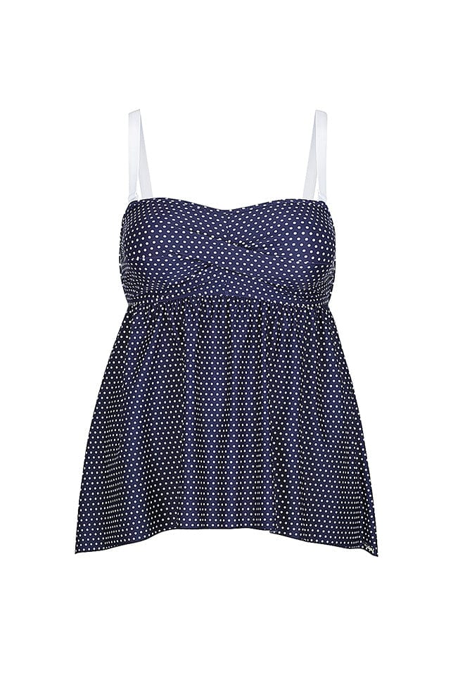 navy and white dots bandeau tankini top with swing style across the stomach 