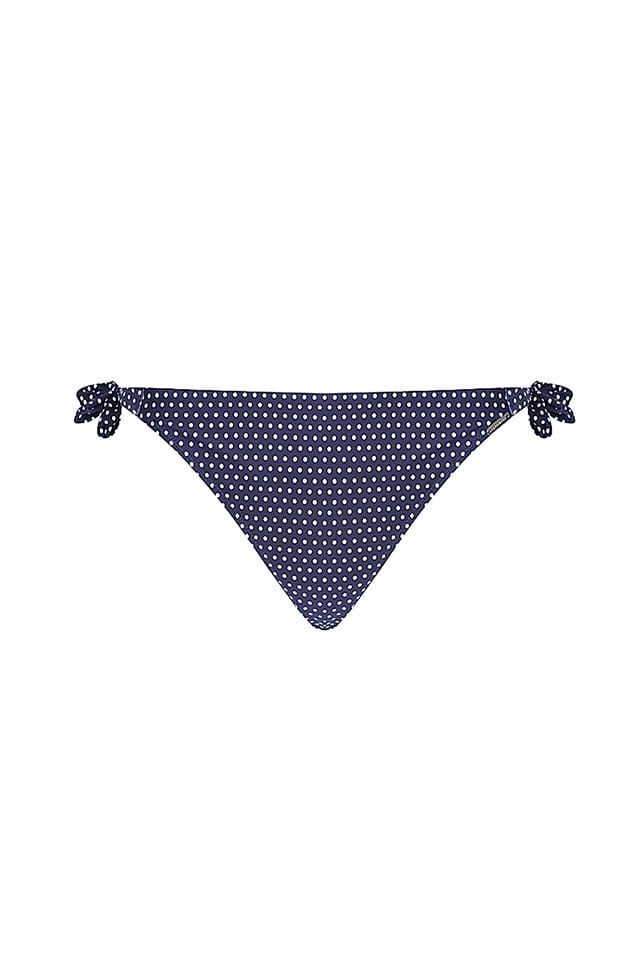 ghost mannequin of navy polkadot tie side bikini pant