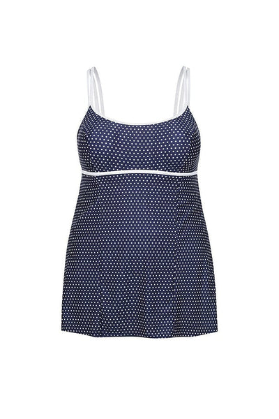 ghost mannequin of navy and white polkadot underwire swimdress with white straps 