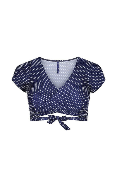 ghost mannequin navy and white dots crop wrap top with cap sleeves