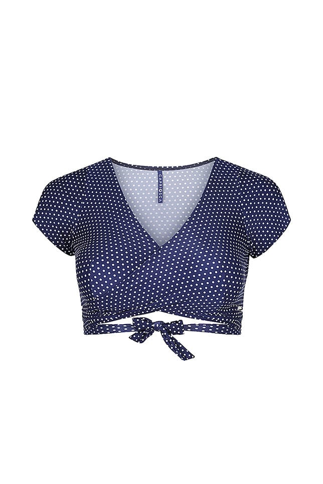 ghost mannequin navy and white dots crop wrap top with cap sleeves