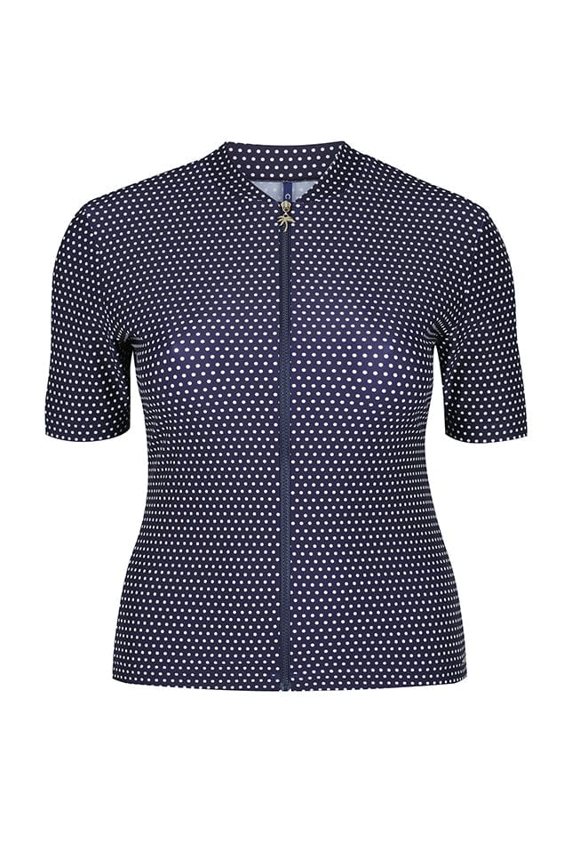 ghost mannequin short sleeve zip through rash vest in navy and white dots