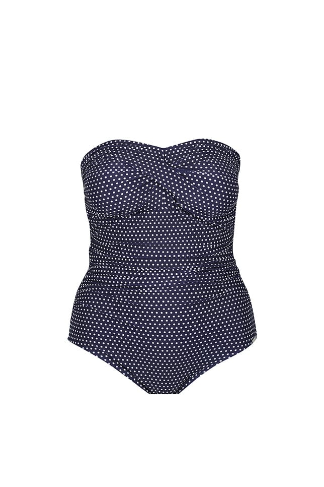 ghost mannequin of navy and white polkadot twist front strapless bandeau one piece swimsuit