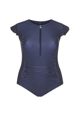 Navy & White Dots Frill Sleeve One Piece