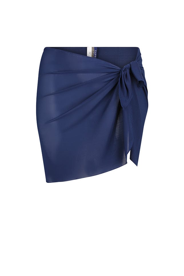 ghost mannequin image of navy mash fabric wrap tie side skirt
