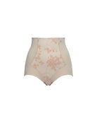 Beige high-waisted underwear with floral pattern on a white background