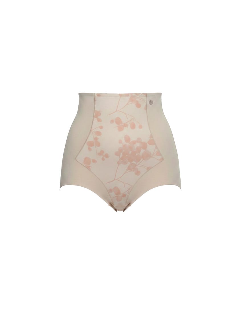 Beige high-waisted underwear with floral pattern on a white background